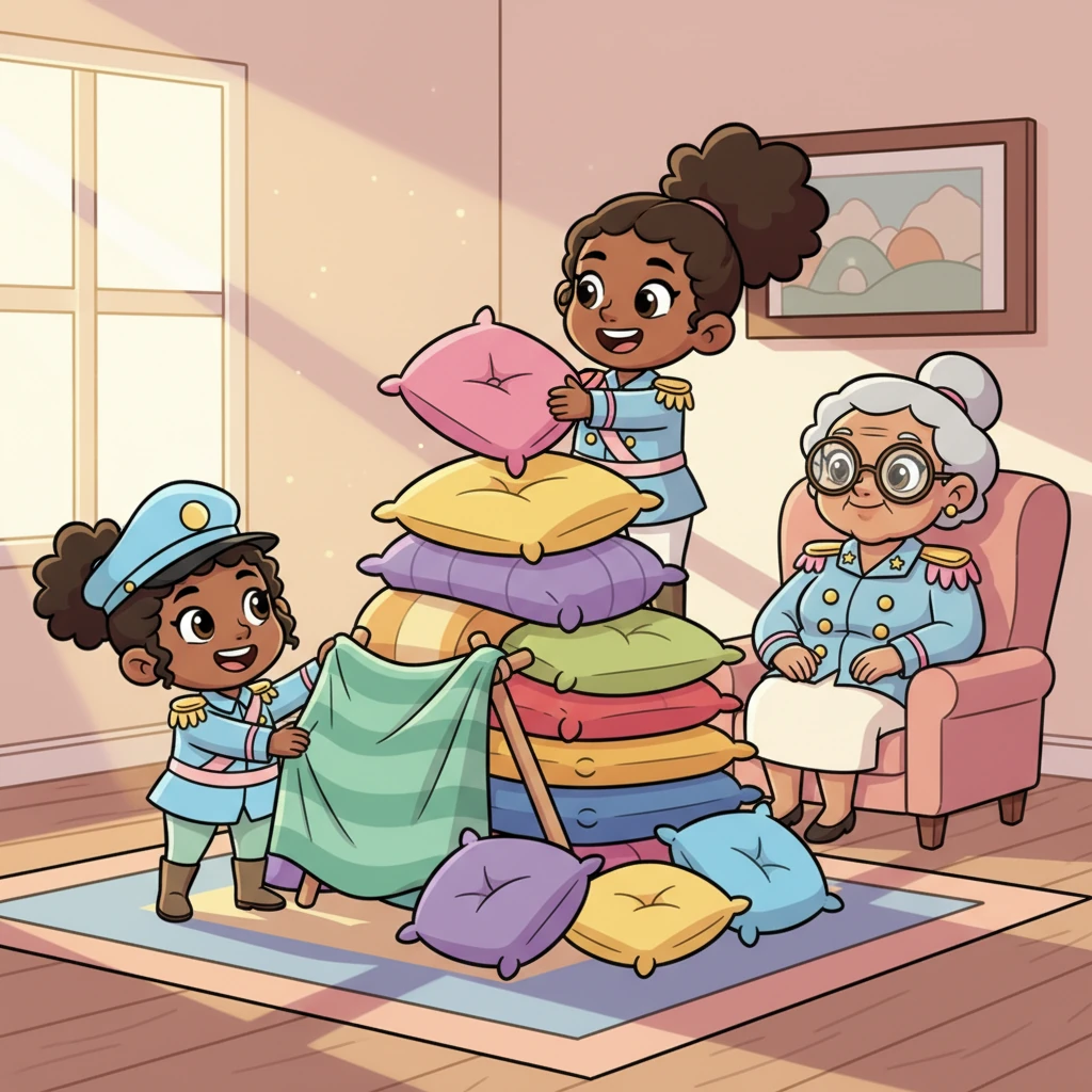 Nana Amofah and her younger sister, Candice, giggled as they built a towering fort of cushions in their cozy living room. Their mom, Caroline, watched with a warm smile, her heart full as she saw her two daughters playing happily. Sunlight streamed through the window, making the colorful fort glow.