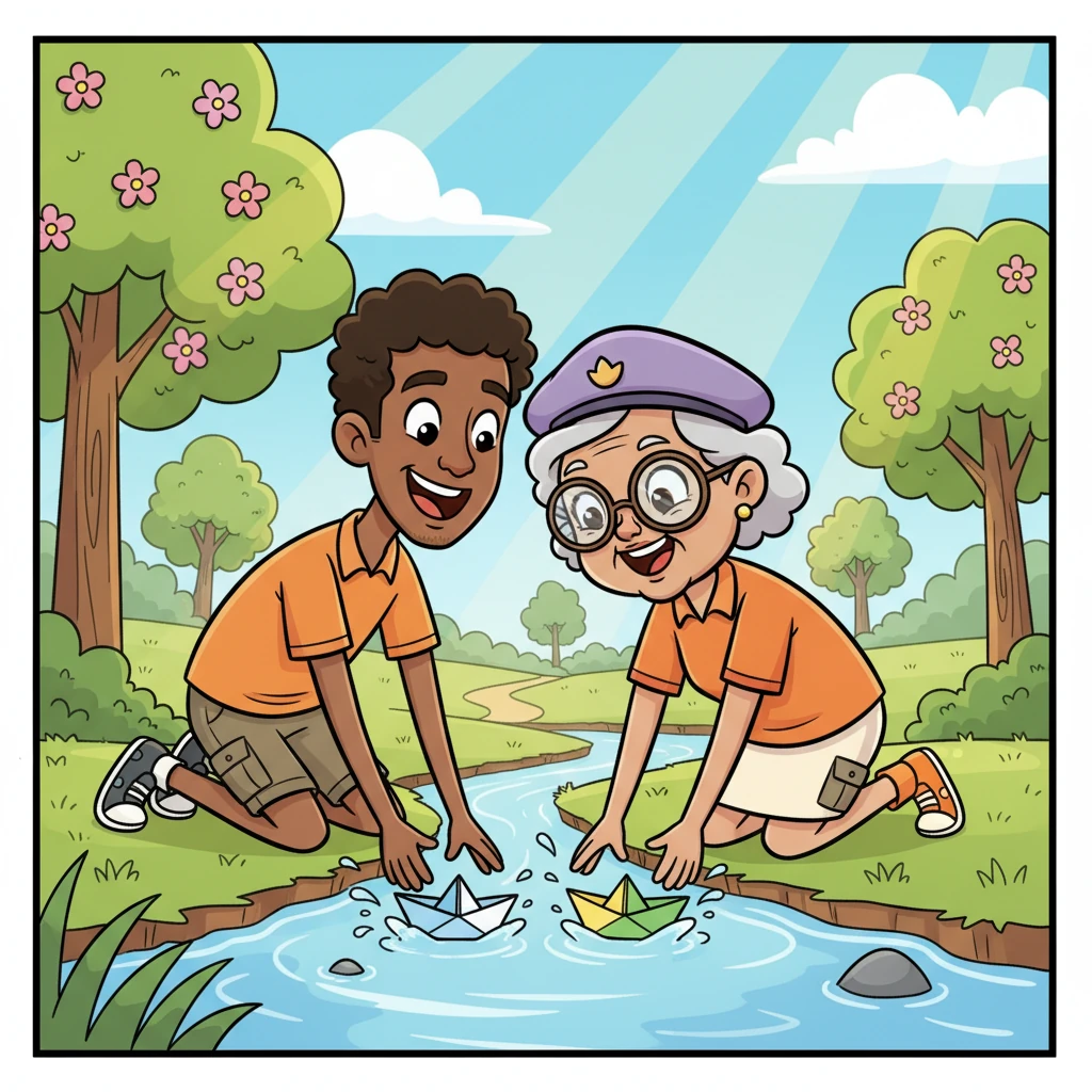 Then it was time for an energetic adventure with Uncle David, who was always ready for fun. He and Nana raced paper boats down a bubbling stream in the park, their laughter echoing through the trees. Uncle David had a special way of making every moment an exciting game, and Nana adored their lively escapades.