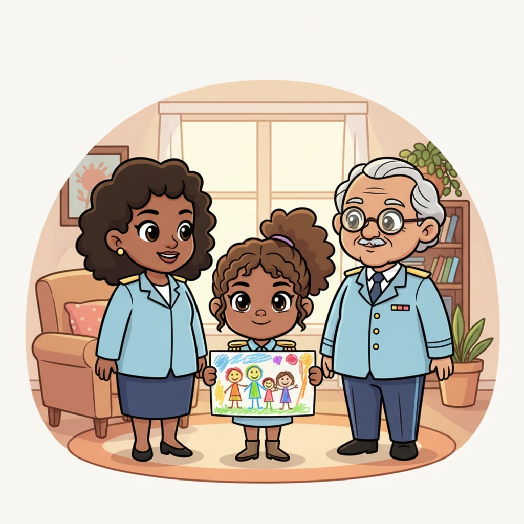 One afternoon, Nana proudly showed her mom and grandparents a colorful drawing of their entire family, a big, happy jumble of smiles and hugs. Though some relationships had their tricky moments, Nana's simple art reminded everyone of the love that tied them together. A soft warmth filled the room as they admired her masterpiece.