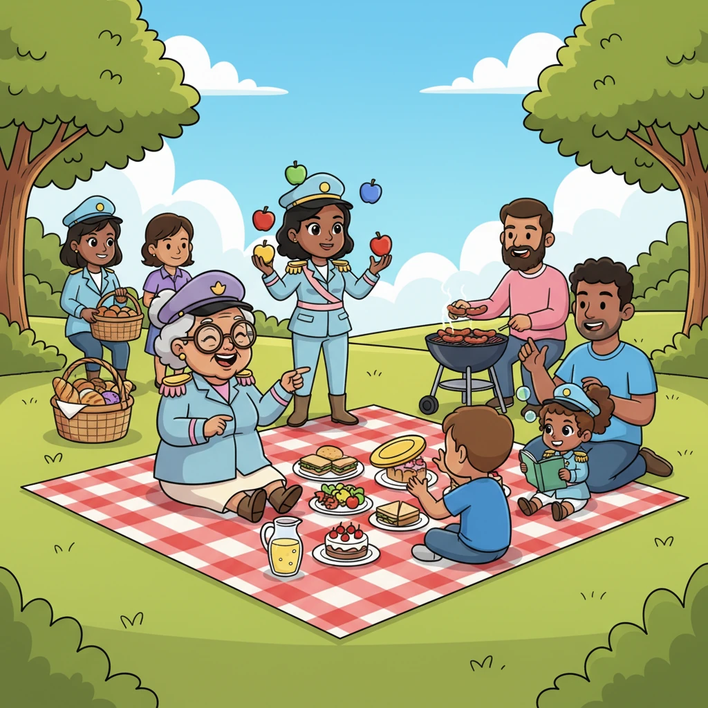 On a sunny Saturday, the whole big family gathered for a lively picnic in the park, a cheerful kaleidoscope of laughter and delicious food. Nana, Candice, Caroline, Michael, David, Anita, Jenevicia, Jade, Daryl, Paula, and Grace all shared stories and played games. It was a wonderful day, filled with shared joy and togetherness.