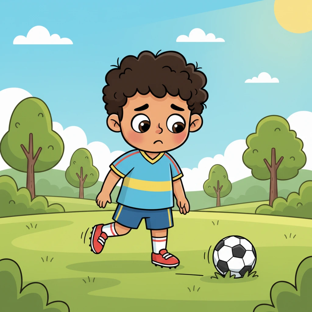 Leo, un niño de cinco años con grandes ojos curiosos, pateaba un balón un poco desinflado en un parque soleado. Aunque amaba el fútbol con todo su corazón, a veces se sentía un poco triste, pensando que no era tan bueno como los demás niños que veía en la televisión. Sus hombros caían ligeramente mientras el balón rodaba lejos de él.