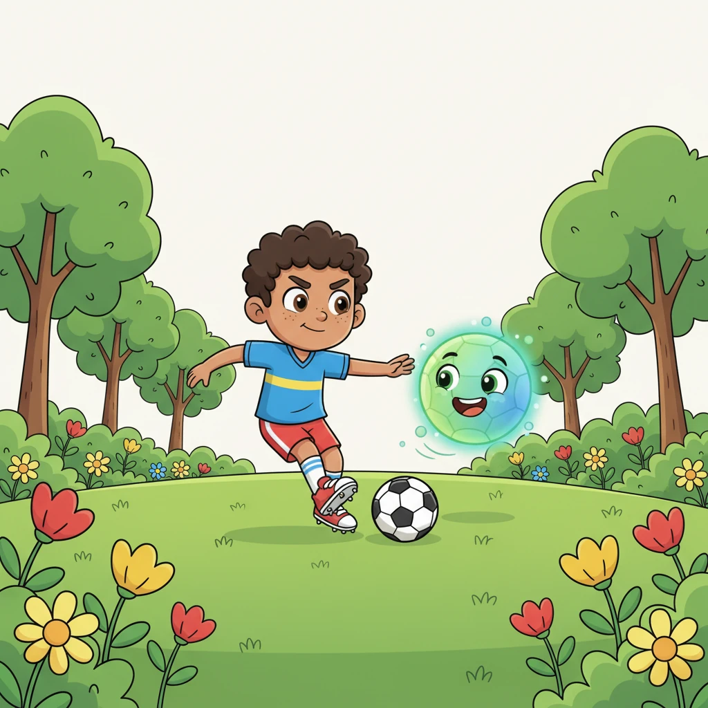 Su primera parada fue el vibrante Parque de los Pases, lleno de flores y árboles. Boti le explicó a Leo que pasar el balón era tan importante como meter goles, una lección que Leo nunca había considerado realmente. Boti brilló en suaves tonos verdes y azules, animando a Leo a practicar con él.