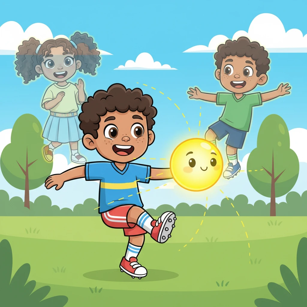 Leo y Boti practicaron pases, y Leo imaginó pasar el balón a sus amigos Sofía y Mateo, pensando en quién lo necesitaría más en un partido real. Con cada pase bien dado, Boti cambiaba a un brillante color amarillo, reflejando el pequeño triunfo de Leo. Leo sentía la alegría de conectar con el balón y con sus amigos imaginarios.