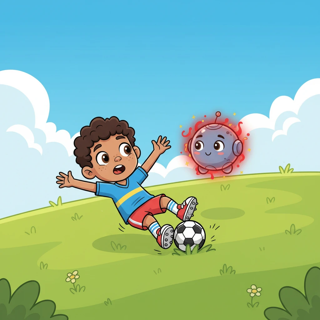 Luego, llegaron a la empinada Colina de los Tropiezos, un lugar con suaves pendientes cubiertas de hierba. Leo intentó patear el balón con fuerza, pero tropezó y cayó varias veces, sintiendo un poco de frustración. Boti, ahora con destellos rojos y naranjas, le recordó que equivocarse era parte del aprendizaje y que cada caída era una oportunidad para mejorar.