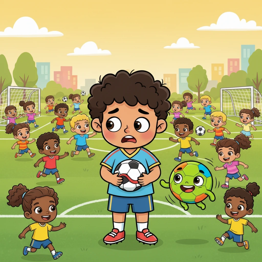 Finalmente, llegaron al bullicioso Campo del Gran Partido, donde muchos niños y niñas jugaban con risas y energía. Leo se sintió un poco nervioso al principio, viendo a tantos jugadores. Boti, con sus colores vibrantes, lo animó a unirse, recordándole que esta era la oportunidad de poner en práctica todo lo aprendido.