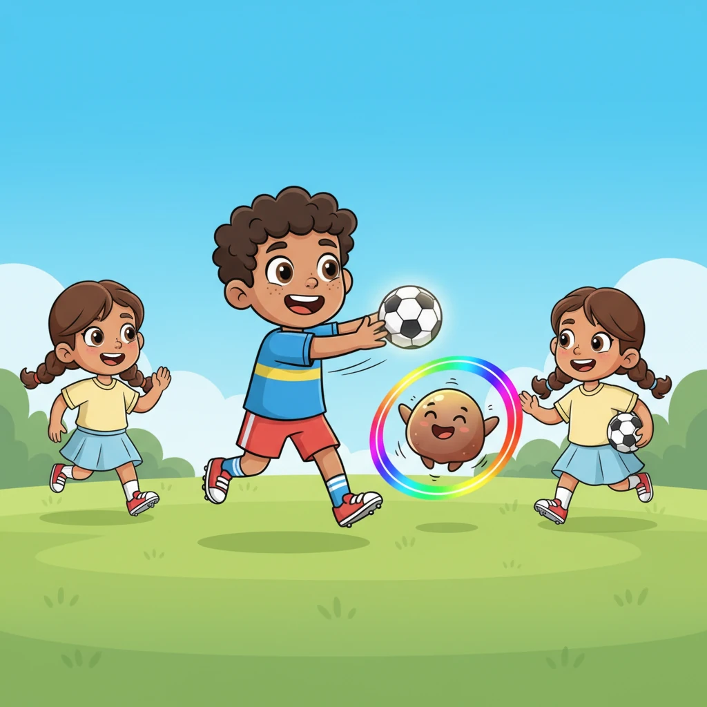 Leo se unió al juego, pasando el balón a sus nuevos amigos y animándolos con cada jugada, incluso cuando no metían goles. Con cada palabra de aliento y cada pase generoso, Boti se volvía más ligero y brillaba con una intensidad increíble, un arcoíris de felicidad. Leo sentía una conexión especial con el equipo y el balón.