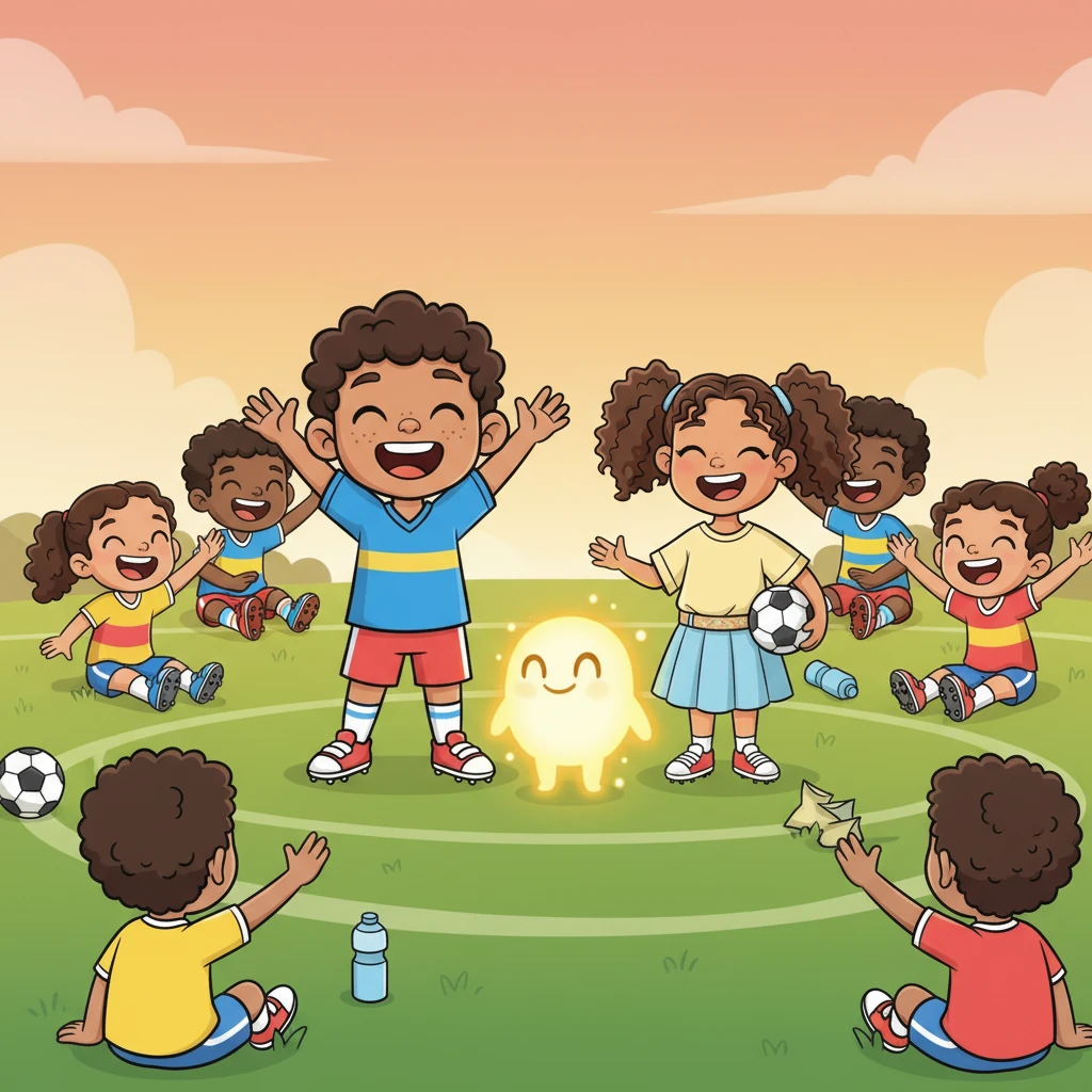 Al final del partido, no todos ganaron, pero todos se rieron y se divirtieron muchísimo. Leo se dio cuenta de que el verdadero secreto del fútbol no era ser el mejor, sino compartir, animar a los demás y disfrutar cada momento con amigos. Boti, con un resplandor constante y alegre, le confirmó a Leo que había descubierto la magia del juego.