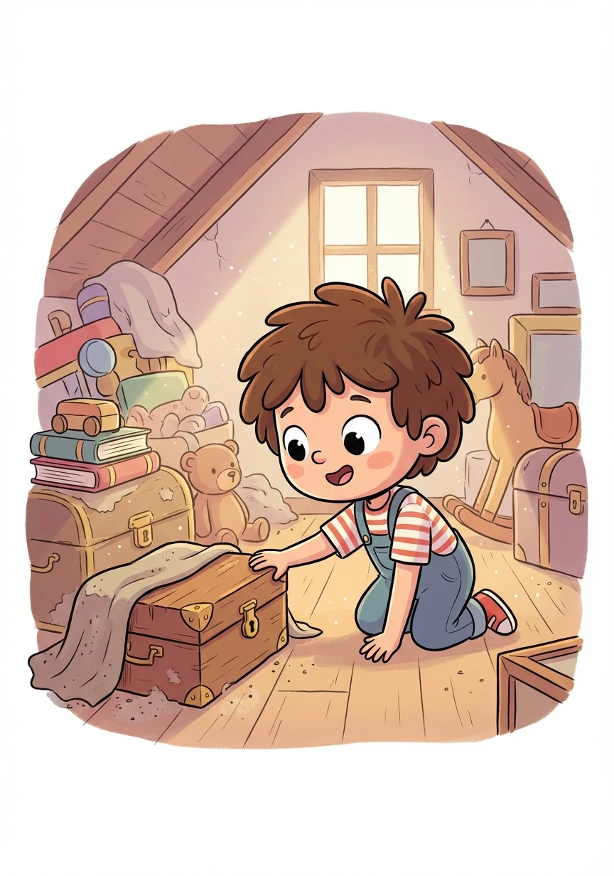 Quinn, a curious child with bright eyes and a messy mop of hair, loved to draw more than anything. One sunny afternoon, while exploring the attic, Quinn stumbled upon an old, dusty wooden box.