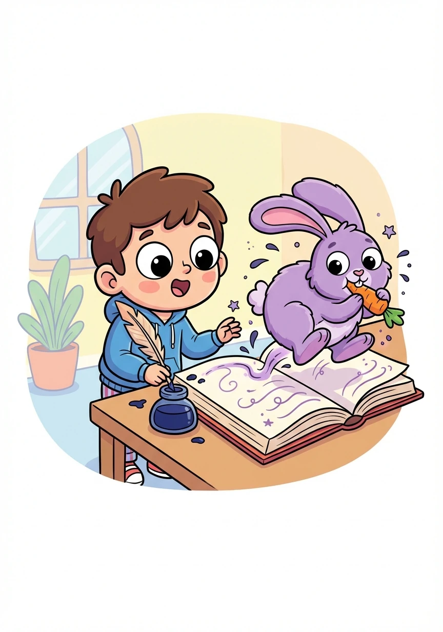 Intrigued, Quinn dipped the quill into an inkwell and drew a fluffy, purple bunny. Suddenly, the bunny hopped right off the page, nibbling on a nearby carrot!