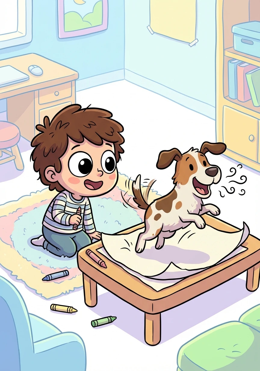 Excited and amazed, Quinn drew a friendly, talking dog with wagging tail. The dog, who Quinn named Patches, barked a cheerful greeting and became Quinn's instant best friend.