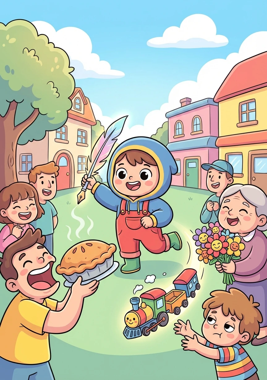 Word spread about Quinn's magical quill, and soon, everyone in town wanted something drawn. Quinn drew food for the hungry, flowers for the lonely, and toys for the bored.
