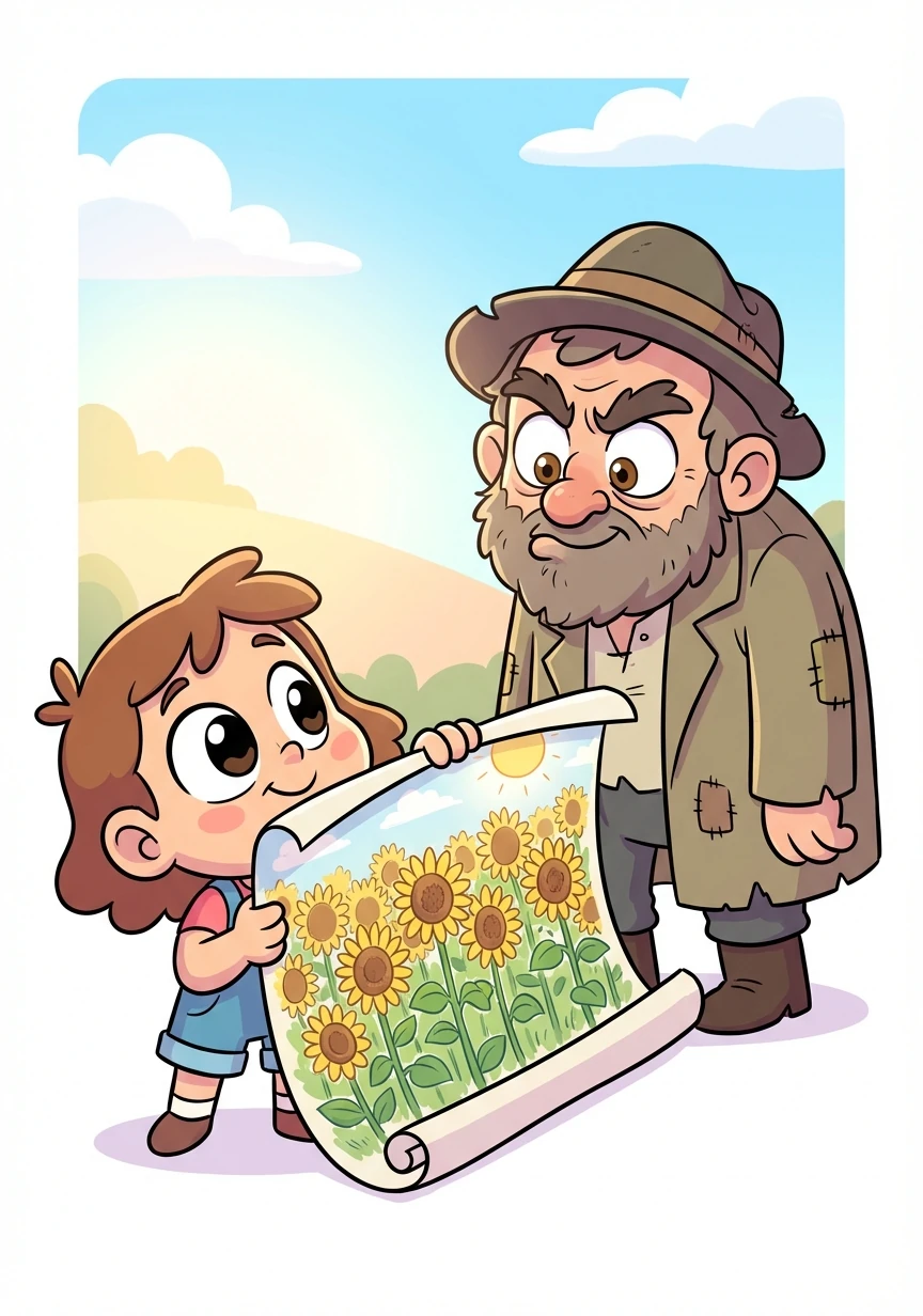 Instead of gold, Quinn drew Mr. Grumbles a field of sunflowers, hoping to bring some joy to his heart. Mr. Grumbles scoffed, but as he looked at the sunflowers, a tiny smile crept onto his face.