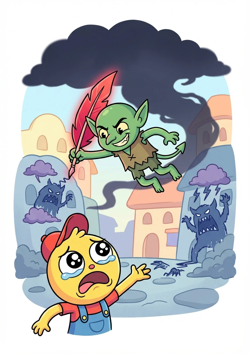 Suddenly, a dark shadow fell over the town. A mischievous imp, envious of Quinn's quill, snatched it away and began drawing chaos – scary monsters and gloomy clouds!