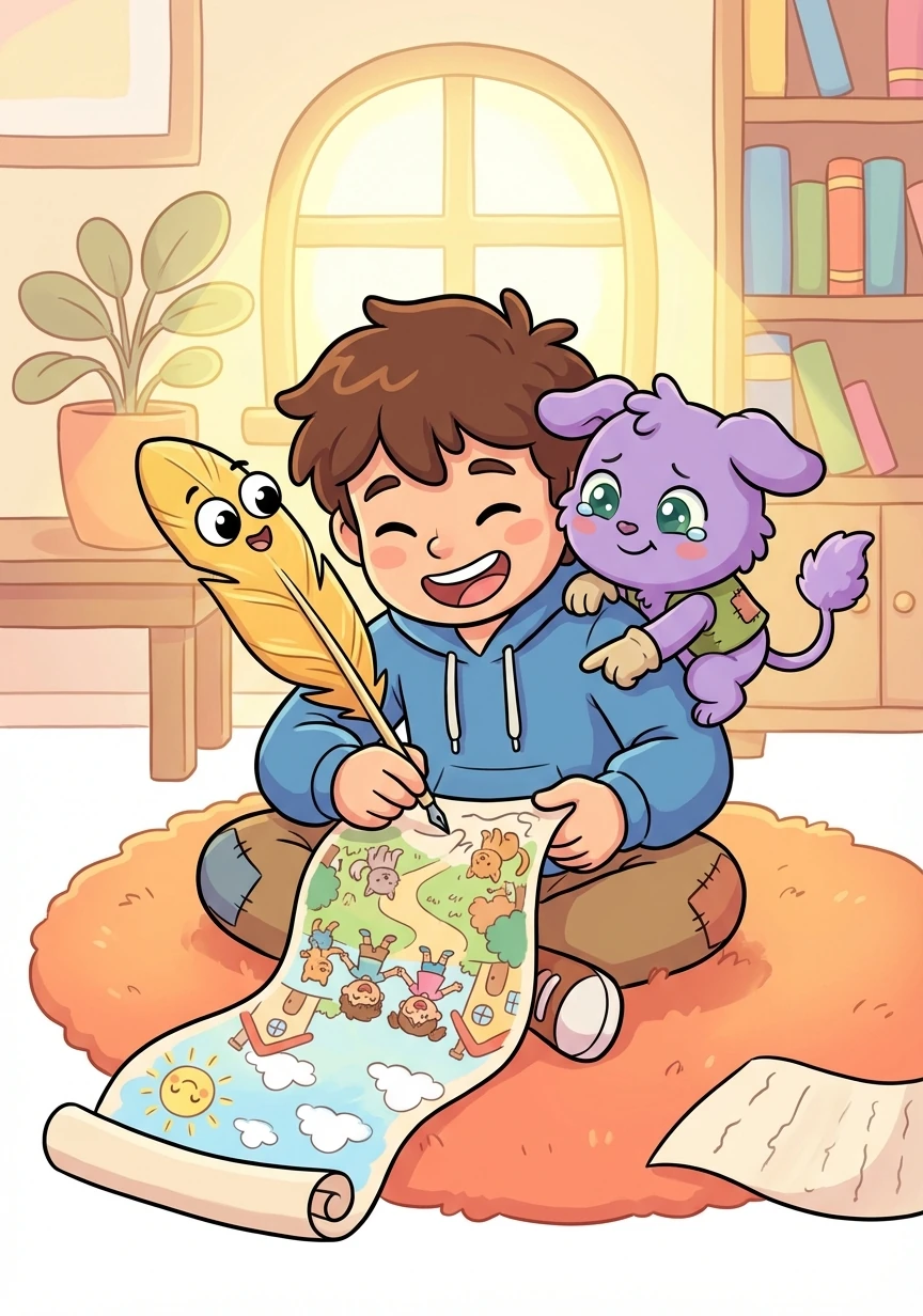 The imp, touched by Quinn's kindness, returned the quill. Quinn then used it to draw a peaceful scene, filled with sunshine, laughter, and friendship, restoring happiness to the town.