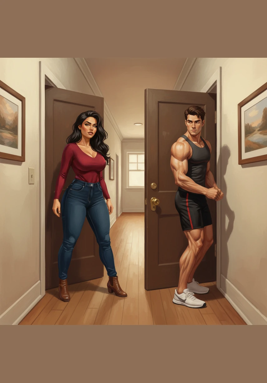 She steps out into the hallway, her mind still occupied with the gossip she was just hearing, her five-foot-five stature moving with a natural, curvy elegance. She doesn't realize that the door directly across from her is about to swing open at the exact same moment.