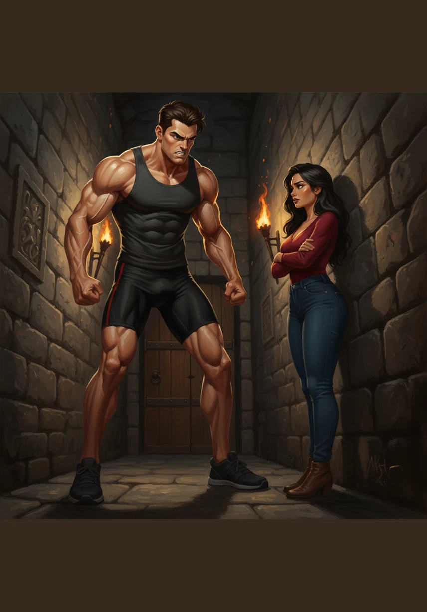 The height difference is striking as Noah towers over her, his fit physique casting a shadow in the hallway while Nadia looks up with narrowed eyes. The air between them is thick with a tension that has been building for years, though neither is willing to name it.
