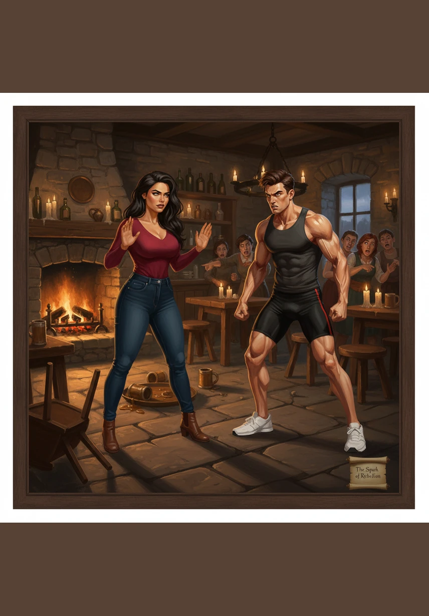 Nadia’s face flushes with a mix of anger and defiance, her hands finding her hips as she prepares to fire back a retort. She stares him down, refusing to let his words diminish her confidence, even as her heart beats a little faster from the confrontation.