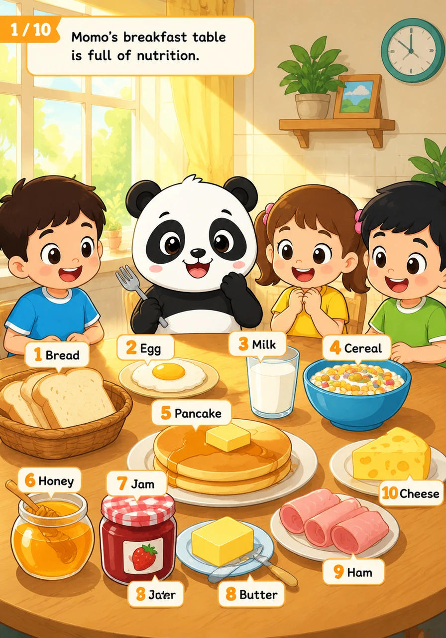 萌萌的早餐桌上摆满了营养。1. Bread 面包, 2. Egg 鸡蛋, 3. Milk 牛奶, 4. Cereal 谷物, 5. Pancake 薄煎饼, 6. Honey 蜂蜜, 7. Jam 果酱, 8. Butter 黄油, 9. Ham 火腿, 10. Cheese 奶酪。阳光照在桌子上，