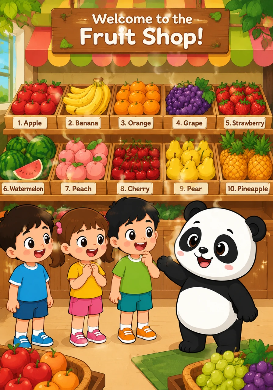 萌萌来到五彩缤纷的水果店。1. Apple 苹果, 2. Banana 香蕉, 3. Orange 橙子, 4. Grape 葡萄, 5. Strawberry 草莓, 6. Watermelon 西瓜, 7. Peach 桃子, 8. Cherry 樱桃, 9. Pear 梨, 10. Pinea