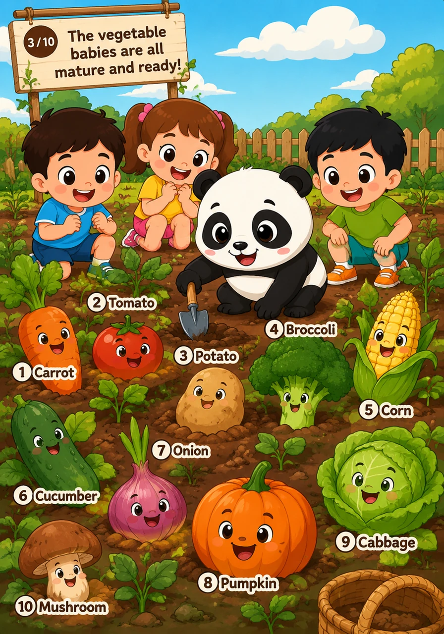 菜园里的蔬菜宝宝们都成熟了。1. Carrot 胡萝卜, 2. Tomato 西红柿, 3. Potato 土豆, 4. Broccoli 西兰花, 5. Corn 玉米, 6. Cucumber 黄瓜, 7. Onion 洋葱, 8. Pumpkin 南瓜, 9. Cabbage 卷心菜, 10.
