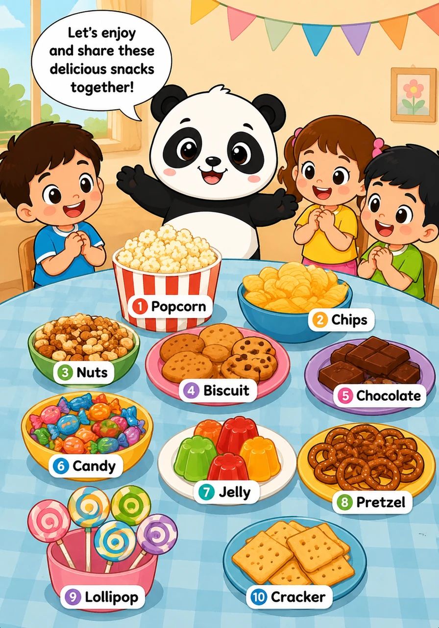 下午茶时间的点心真诱人。1. Popcorn 爆米花, 2. Chips 薯片, 3. Nuts 坚果, 4. Biscuit 饼干, 5. Chocolate 巧克力, 6. Candy 糖果, 7. Jelly 果冻, 8. Pretzel 椒盐卷饼, 9. Lollipop 棒棒糖, 10.