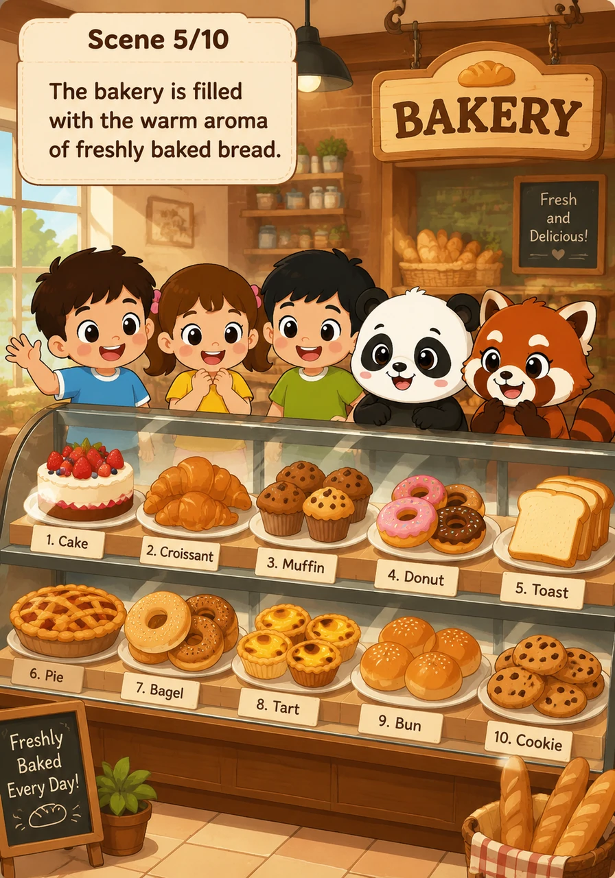 面包房里飘出了阵阵麦香。1. Cake 蛋糕, 2. Croissant 牛角面包, 3. Muffin 玛芬, 4. Donut 甜甜圈, 5. Toast 吐司, 6. Pie 派, 7. Bagel 贝果, 8. Tart 蛋挞, 9. Bun 小圆面包, 10. Cookie 曲奇。橱窗里整