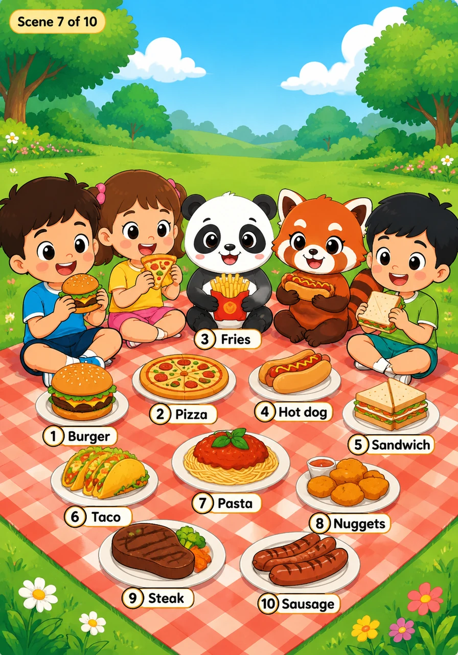 野餐垫上摆满了大家喜欢的快餐。1. Burger 汉堡, 2. Pizza 披萨, 3. Fries 薯条, 4. Hot dog 热狗, 5. Sandwich 三明治, 6. Taco 塔可, 7. Pasta 意面, 8. Nuggets 鸡块, 9. Steak 牛排, 10. Sausag