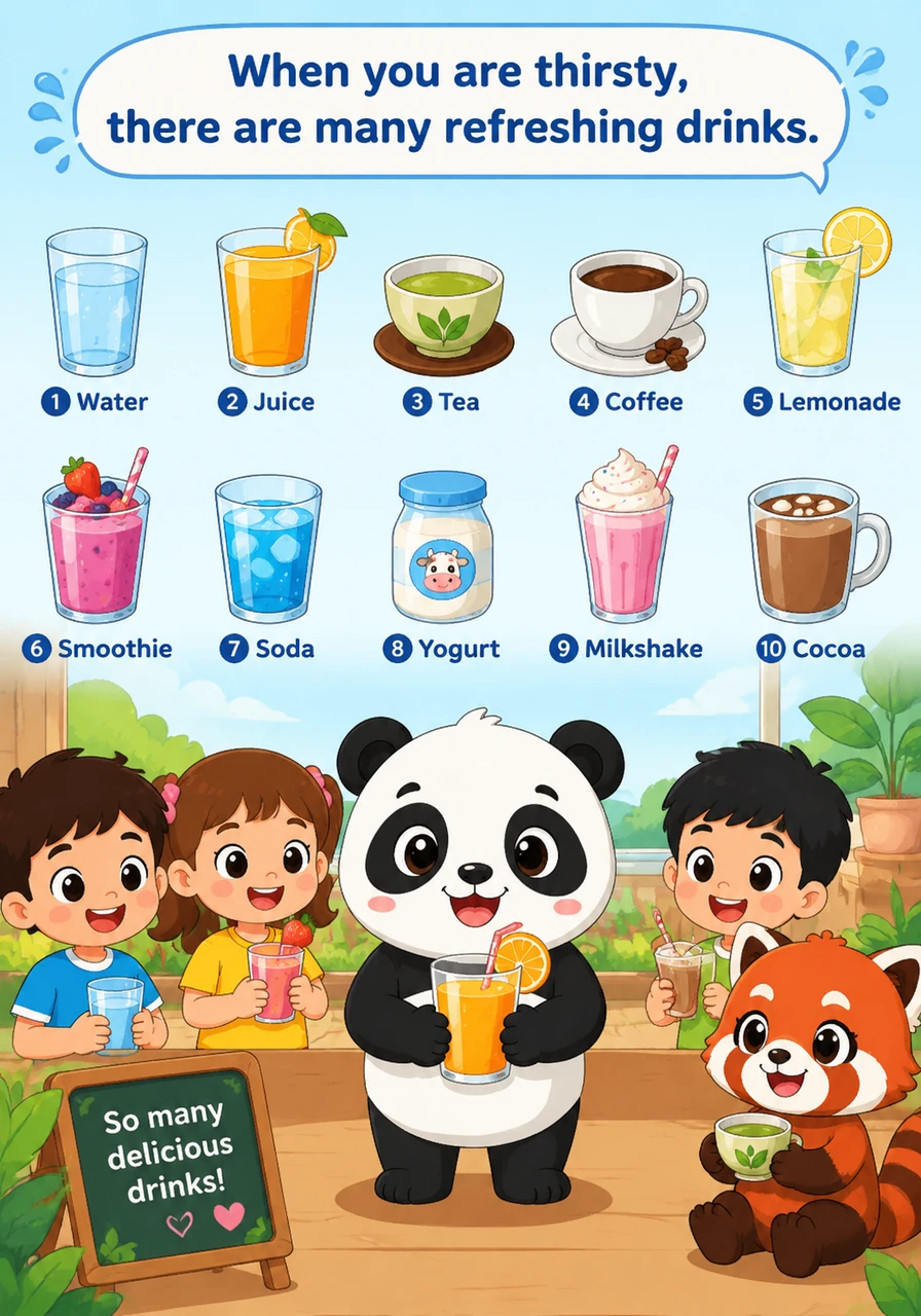 渴了的时候，有好多清爽的饮料。1. Water 水, 2. Juice 果汁, 3. Tea 茶, 4. Coffee 咖啡, 5. Lemonade 柠檬水, 6. Smoothie 昔, 7. Soda 苏打水, 8. Yogurt 酸奶, 9. Milkshake 奶昔, 10. Cocoa