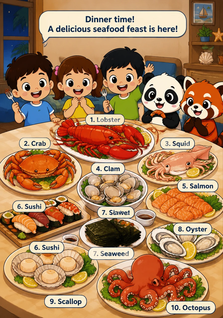 晚餐时间，海鲜大餐上桌啦。1. Lobster 龙虾, 2. Crab 螃蟹, 3. Squid 鱿鱼, 4. Clam 蛤蜊, 5. Salmon 三文鱼, 6. Sushi 寿司, 7. Seaweed 海苔, 8. Oyster 牡蛎, 9. Scallop 扇贝, 10. Octopus 章