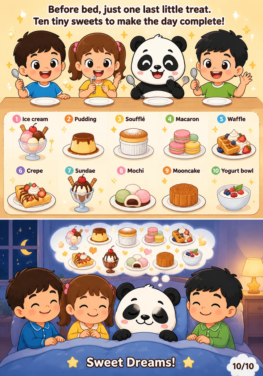 睡觉前的最后一点小甜心。1. Ice cream 冰淇淋, 2. Pudding 布丁, 3. Soufflé 舒芙蕾, 4. Macaron 马卡龙, 5. Waffle 华夫饼, 6. Crepe 可丽饼, 7. Sundae 圣代, 8. Mochi 糯米糍, 9. Mooncake 月饼,