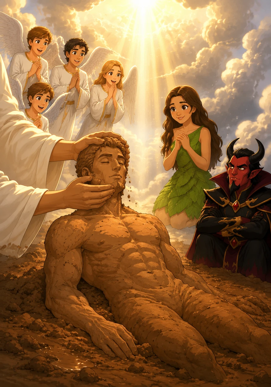 Au commencement, Dieu façonna le premier homme, Adam, à partir de l'argile de la terre. Les anges observaient avec émerveillement cette nouvelle création prendre forme sous la lumière divine, symbole d'un nouveau départ pour l'univers.