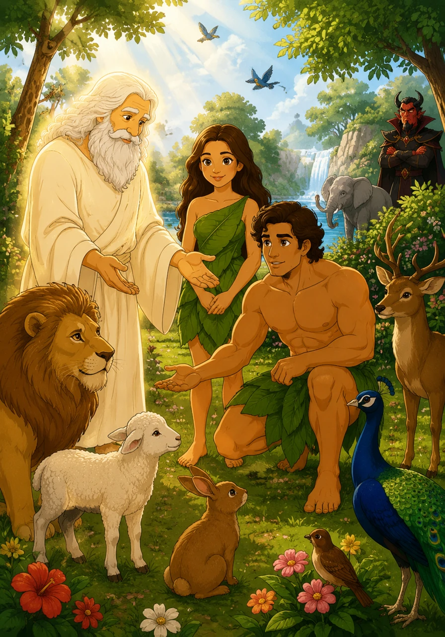 Dans les jardins du Paradis, Dieu enseigna à Adam le nom de chaque créature, de chaque plante et de chaque secret de la nature. Adam apprit avec une immense curiosité, montrant aux anges la profondeur de la sagesse que Dieu lui avait accordée.