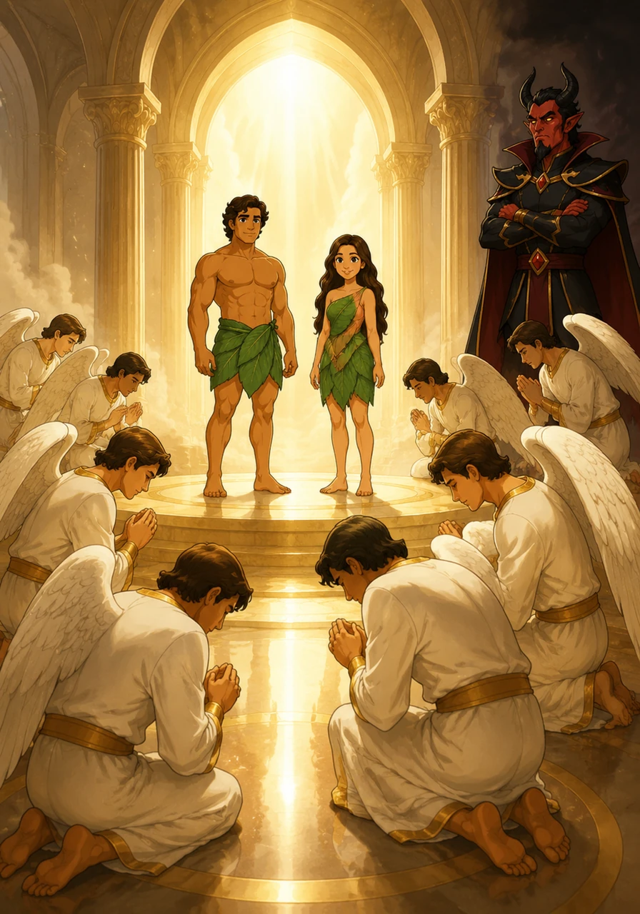 Dieu demanda aux anges de s'incliner devant Adam en signe de respect pour sa connaissance et sa place unique. Tous s'exécutèrent avec humilité, sauf Iblis, dont le cœur s'assombrit par l'orgueil et le refus d'obéir.