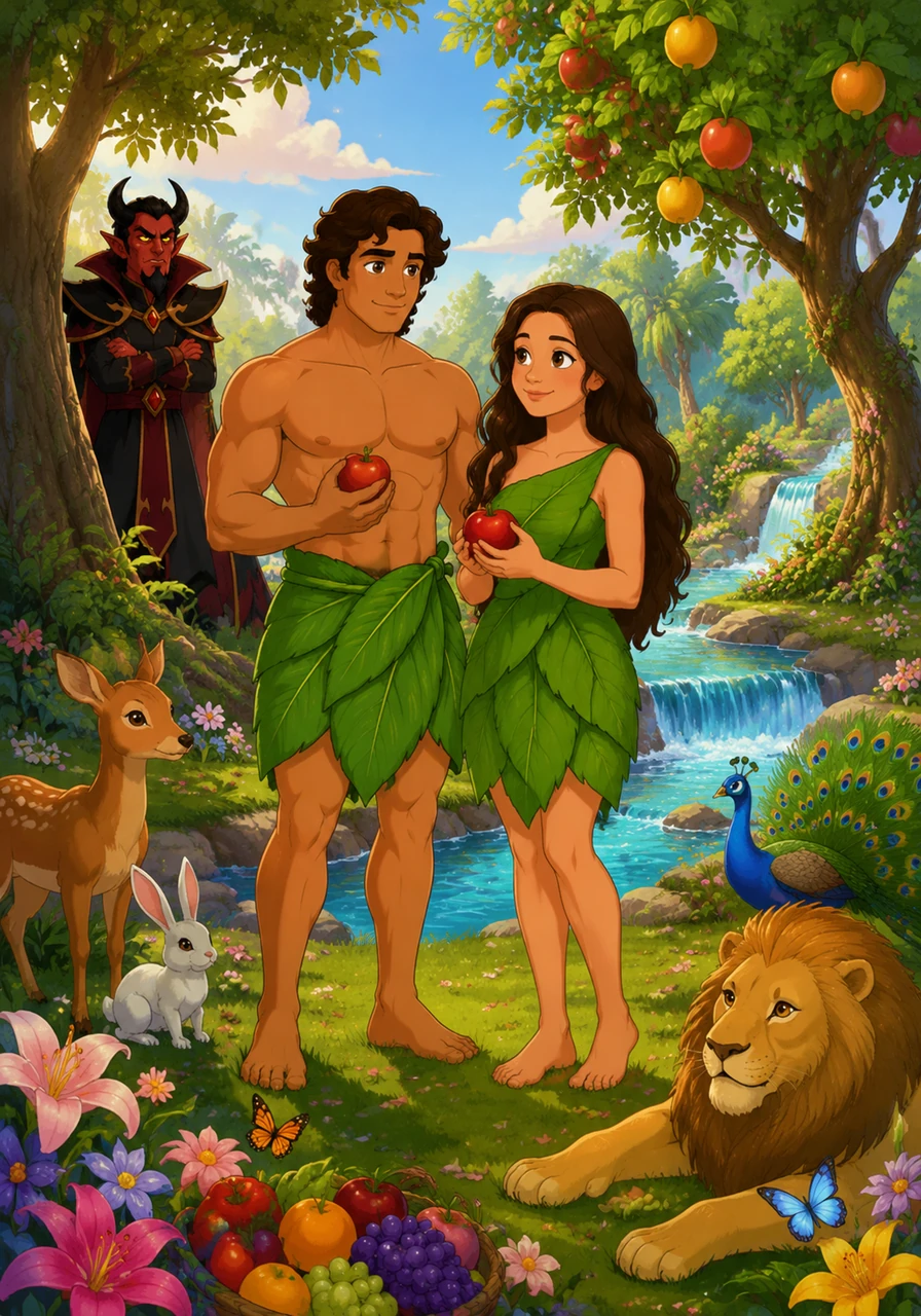 Le Paradis était un lieu de délices infinis, où les rivières de cristal coulaient entre les arbres chargés de fruits sucrés. Adam et Hawwa vivaient dans une joie constante, entourés d'animaux paisibles et de parfums merveilleux.