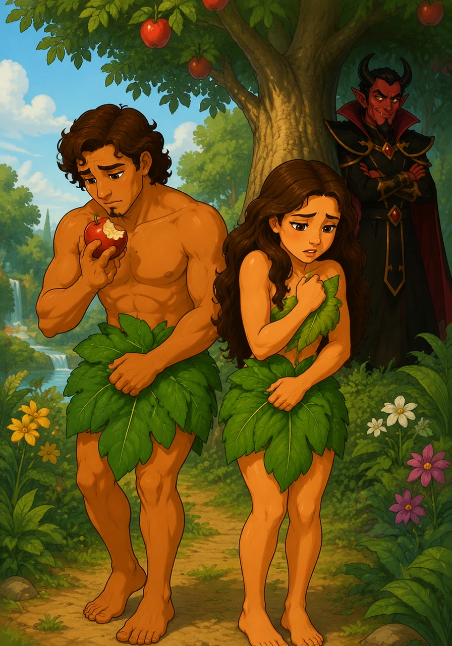 Cédant à la tentation, Adam et Hawwa goûtèrent au fruit défendu et ressentirent immédiatement un grand changement en eux. Ils réalisèrent leur erreur avec tristesse et cherchèrent à se couvrir avec les larges feuilles des arbres du jardin.