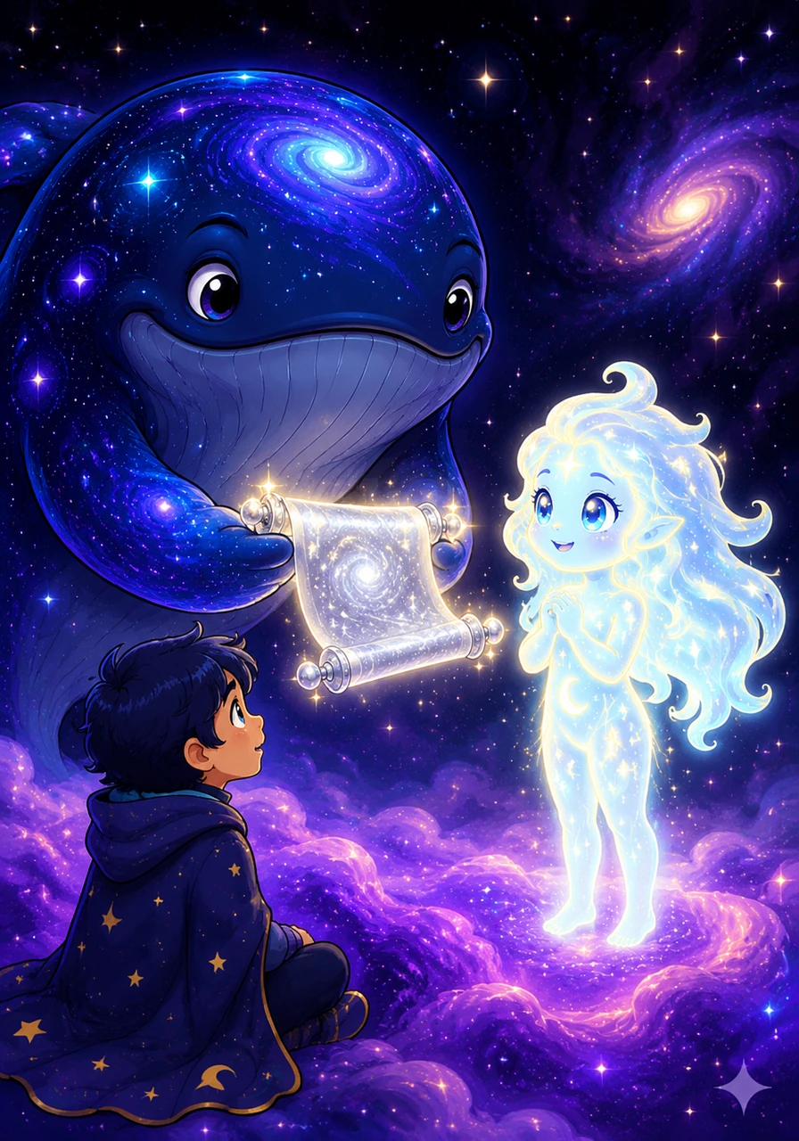Lyra, a small being woven from starlight and moonbeams, lives on a vibrant purple nebula at the edge of the galaxy. One morning, the Great Pulsar gifts her a shimmering silver scroll that glows with an ancient, rhythmic light.