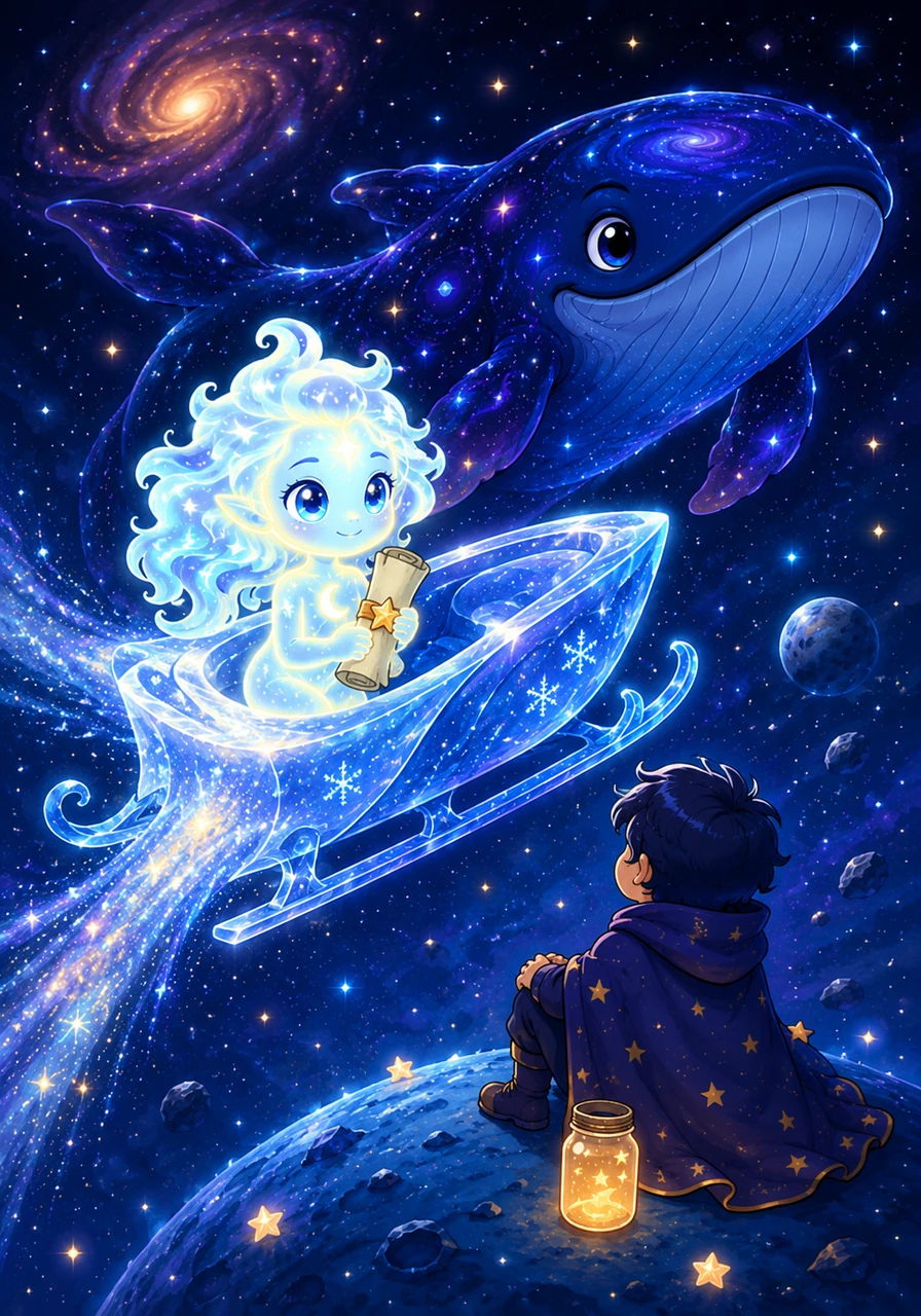 The scroll is a message of hope destined for a small, blue planet drifting in a quiet corner of the universe. Lyra readies her comet-sled, a sleek vessel carved from frozen stardust, and prepares to leap into the great unknown.