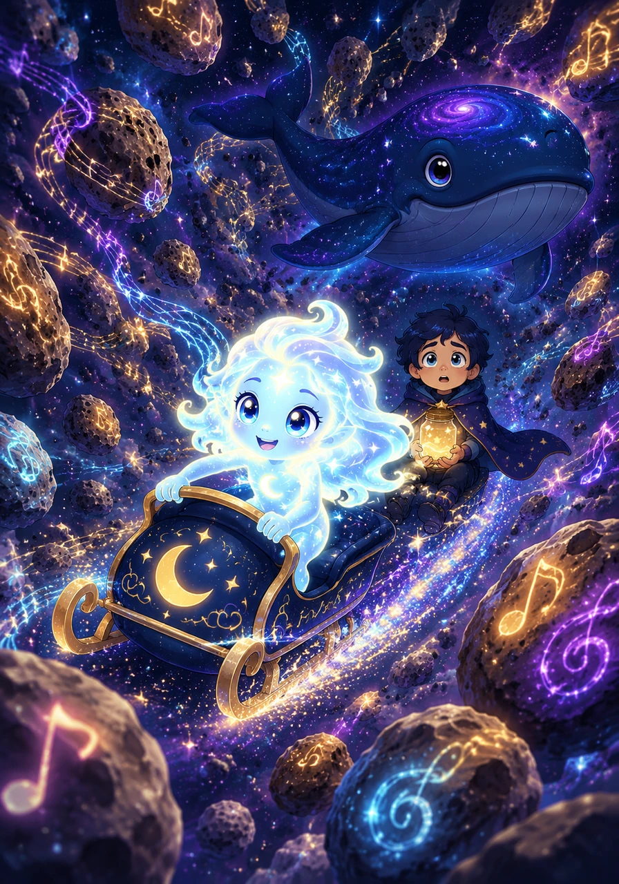 As she speeds through the void, Lyra enters a belt of singing asteroids that vibrate with musical tones. She weaves through the tumbling rocks, her sled leaving a trail of sparkling glitter that echoes their celestial song.