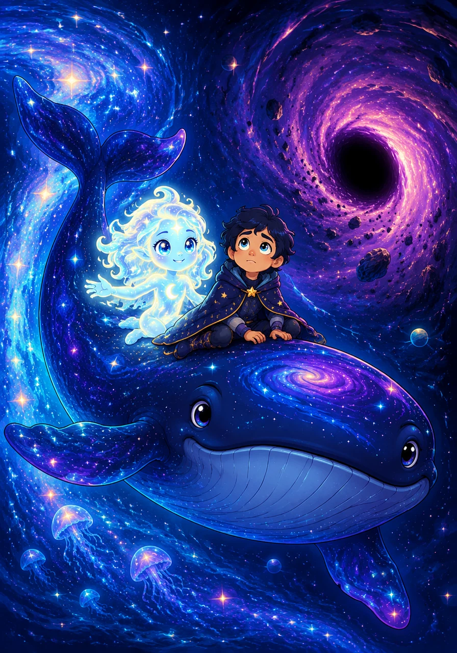 Deep in the cosmic ocean, a majestic space whale with skin like a swirling galaxy emerges from the shadows. The gentle giant offers Lyra a ride through a safe shortcut, shielding her from the pull of a nearby swirling black hole.