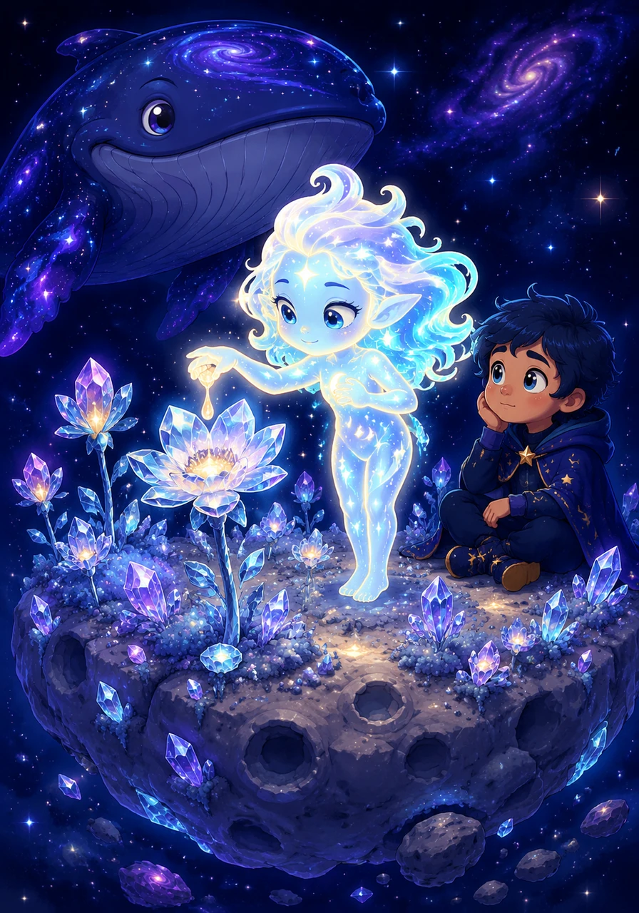 Lyra pauses her journey at a floating garden of crystalline flowers that grow on a passing moonlet. She gathers a drop of nectar from a diamond petal to recharge her inner glow, surrounded by the silent beauty of the stars.