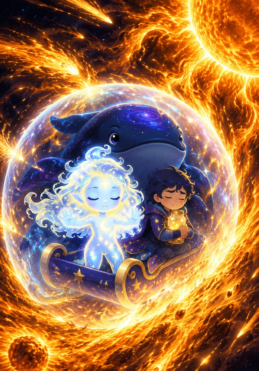 Suddenly, a fierce solar storm erupts, sending waves of golden fire and solar winds crashing against her sled. Lyra closes her eyes and focuses her own light, creating a shimmering shield that guides her safely through the turbulent energy.