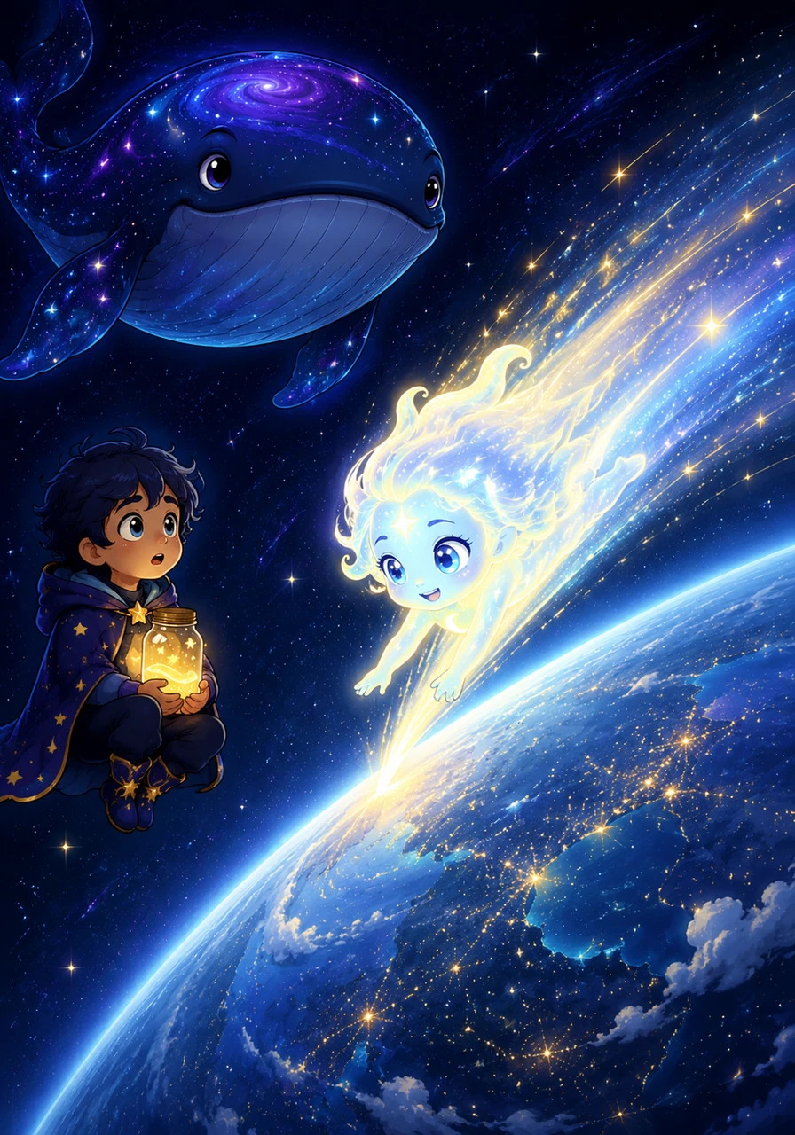 Finally, the distant blue planet comes into view, wrapped in a thin veil of clouds and shimmering with the lights of a thousand cities. Lyra feels a surge of excitement as she enters the atmosphere, turning into a bright, trailing shooting star.