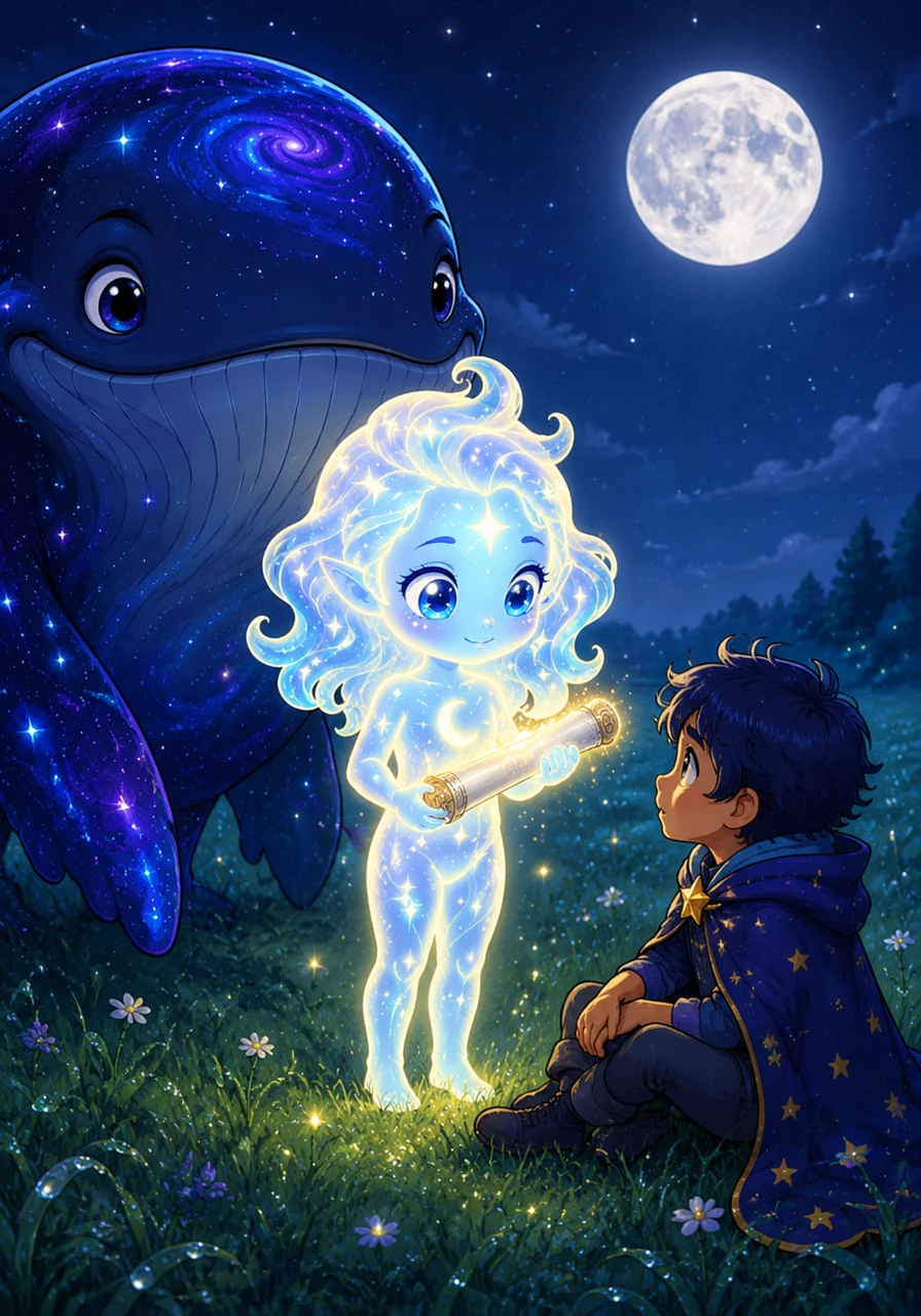She lands softly in a quiet, dew-covered meadow where the air smells of grass and the moon hangs low in the sky. The silver scroll in her hand pulses warmly, signaling that she has reached the end of her long trek.