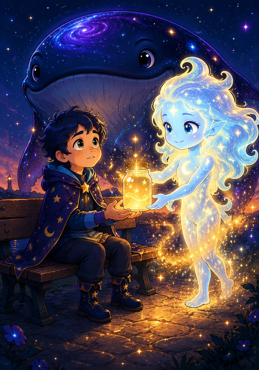 Lyra finds a lonely dreamer sitting on a wooden bench, looking up at the vast, empty sky with a heavy heart. She gently hands over the scroll, which transforms into a jar of liquid starlight that fills the air with warmth and peace.