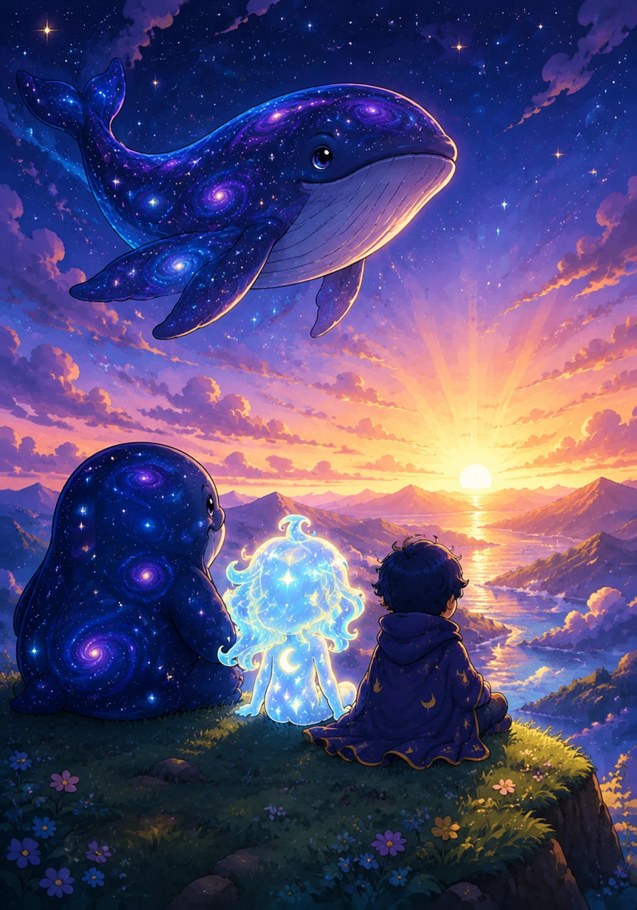 Having completed her mission, Lyra sits atop a tall hill and watches the first light of dawn touch the horizon. She knows that even in the vastness of space, no world is ever truly alone as long as there are messengers of light.