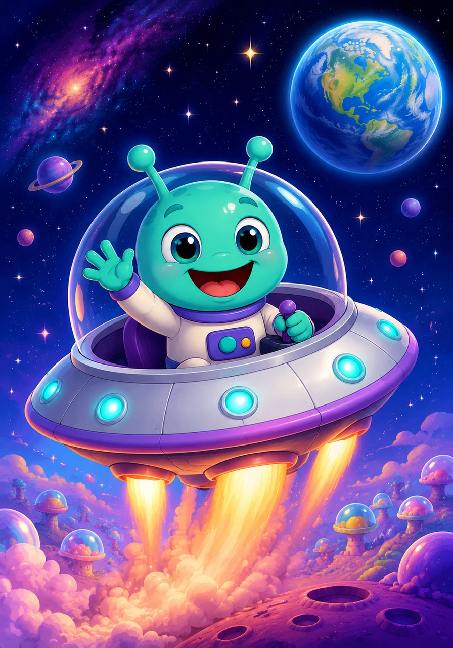 在遥远的泡泡星上,住着一个叫嘟嘟的小外星人,它长着圆滚滚的身体和一双大大的好奇眼睛。这一天,它坐上闪闪发光的飞碟,朝着那颗美丽的蓝色星球飞去,开启了它的第一次星际旅行。