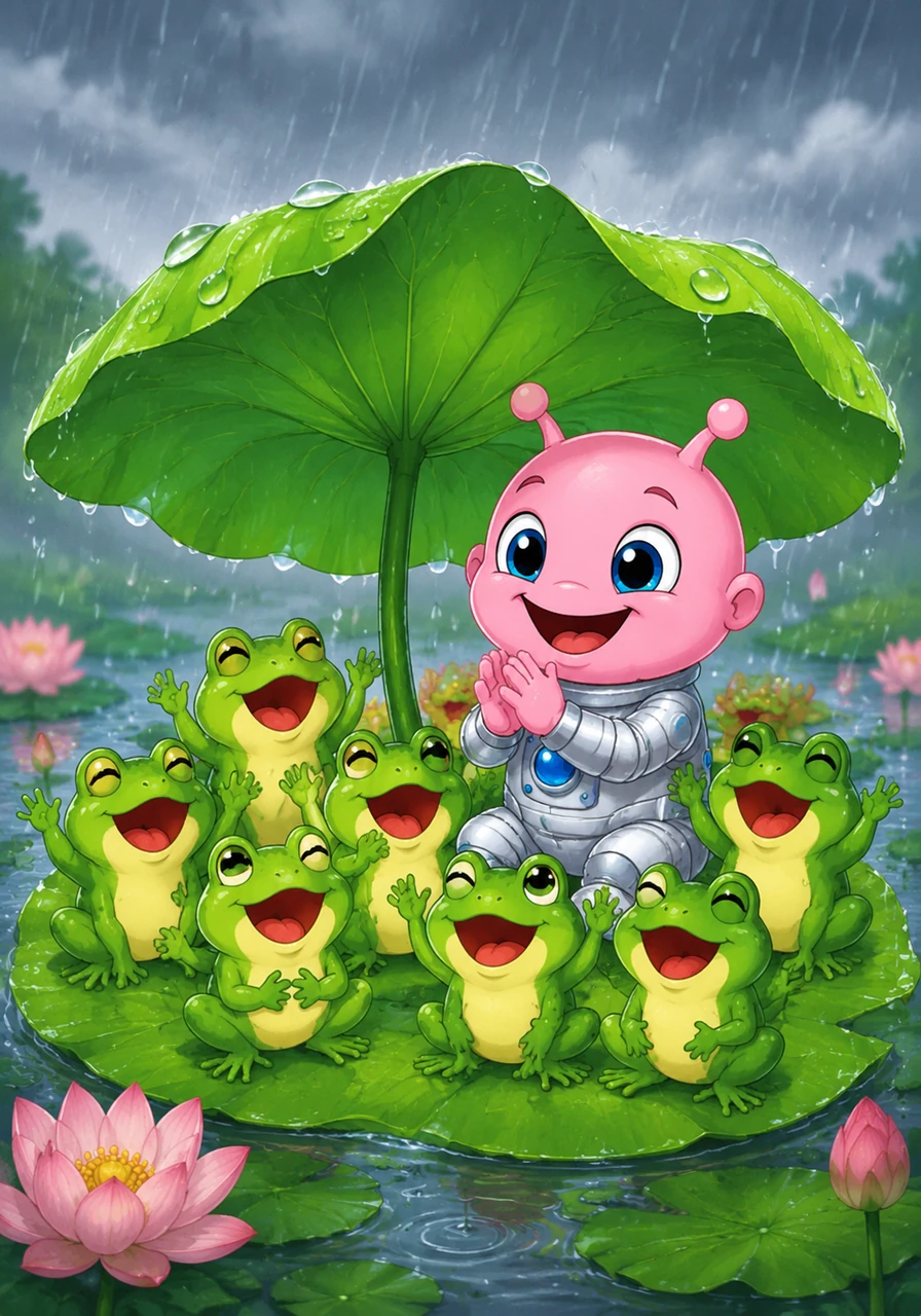 午后下起了一场小雨,嘟嘟和一群小青蛙一起躲在大大的荷叶伞下。听着啪嗒啪嗒的雨点声,小青蛙们开始欢快地歌唱,嘟嘟也跟着节奏拍起手来,在雨中感受着地球的音乐。
