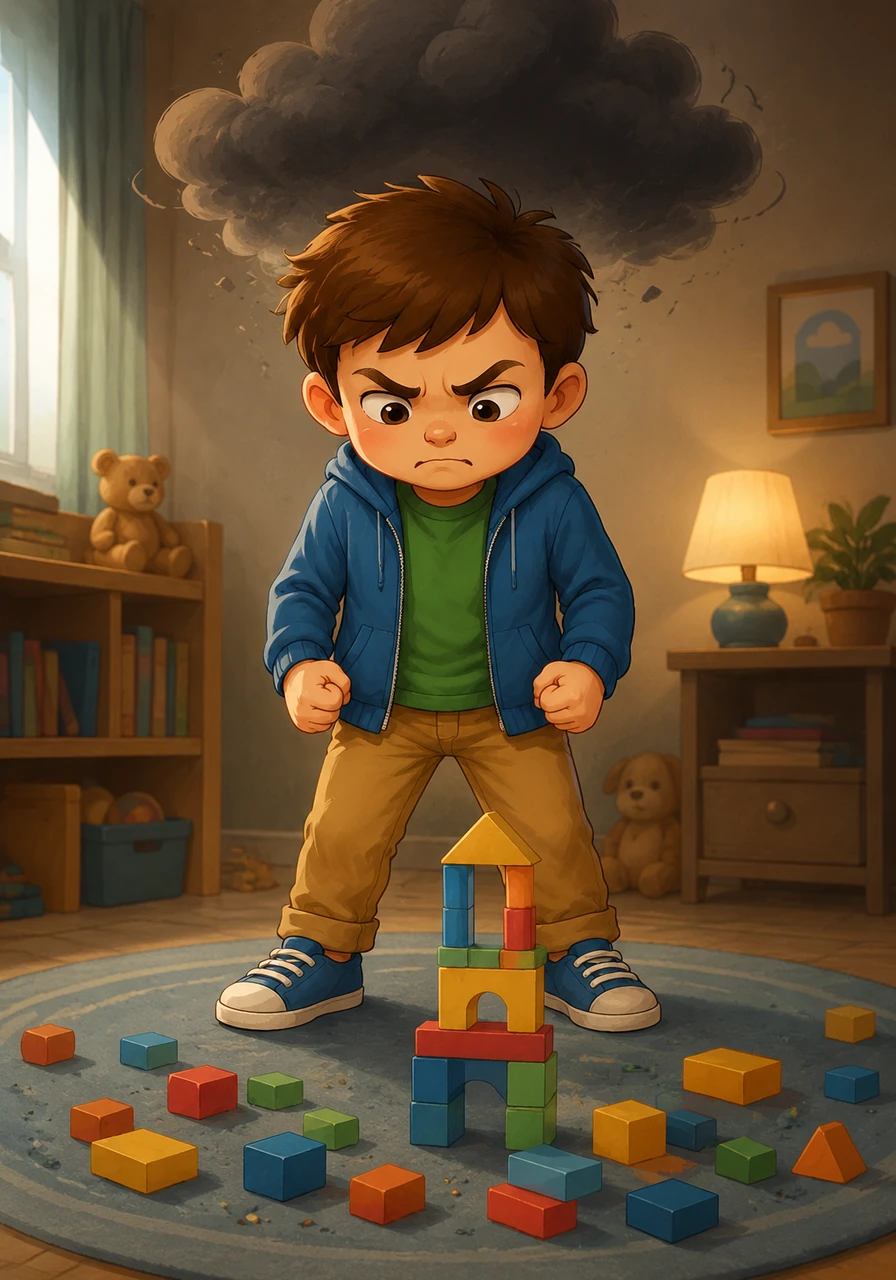 His heart beats a little faster, and his hands clench into tight fists as he looks at his unfinished tower. It feels like a big, stormy cloud is gathering in his chest because things aren't going the way he expected.