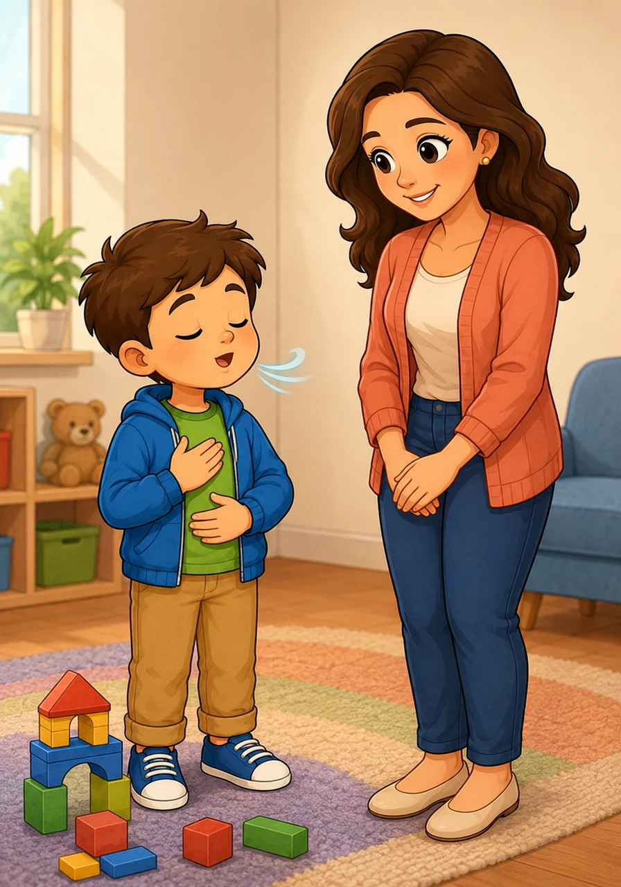 Instead of shouting or throwing the blocks, Leo remembers to take a deep breath, breathing in slowly through his nose and out through his mouth. He tells his mom in a calm voice that he feels upset about leaving his game.