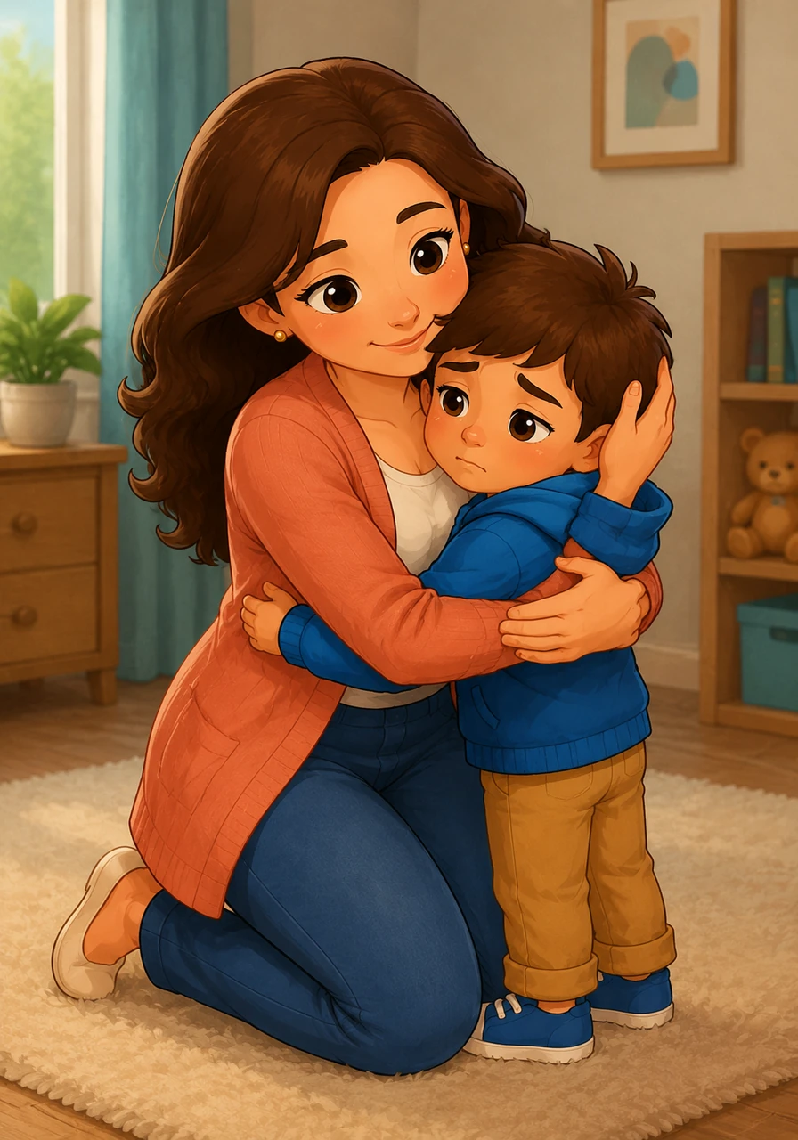 His mom kneels down to his level, offering a warm hug and validating his feelings. She explains that it is completely okay to feel upset when plans change unexpectedly.